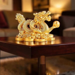Könnte beinhalten: Eine goldfarbene Drachenfigur mit einem texturierten, geschuppten Körper, einem langen Schwanz und einem detaillierten Kopf. Der Drache steht auf einem Sockel, der mit kreisförmigen, münzähnlichen Motiven verziert ist und eine glatte Kugel hält.