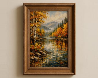 Autumn Lake Landscape Wall Art, Fall Forest River Painting, Rustic Fall Landscape Decor, Oil Painting Print, Rustic Nature Wall Art
