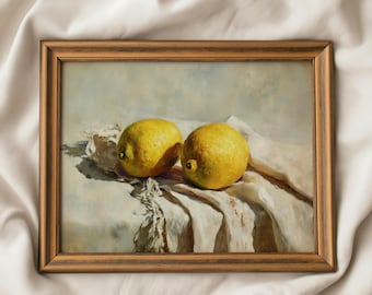 Lemon Still Life | Kitchen Wall Art Print, Rustic Lemons on Linen | Farmhouse Kitchen Decor, Vintage Fruit Art | Two Lemons Painting