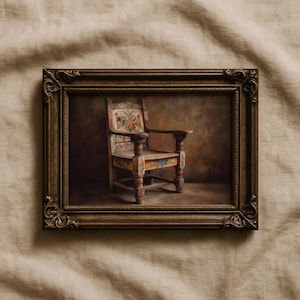 May include: A framed image of a vintage wooden chair with floral painted details in red, orange, and green. The chair has armrests and is set against a brown backdrop. The frame is dark brown with ornate carvings.