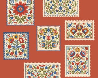 Collage de sellos florales folclóricos escandinavos PNG Diseño de sublimación de arte botánico nórdico