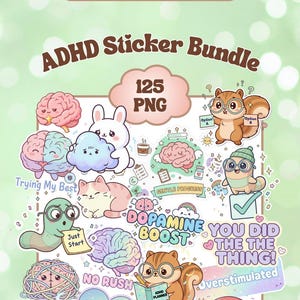 Può includere: Pacchetto di adesivi ADHD con varie simpatiche illustrazioni, tra cui cervelli, animali e frasi motivazionali. Gli adesivi sono in una varietà di colori e stili, con testo come "Dopamine Boost" e "You Did The Thing!"