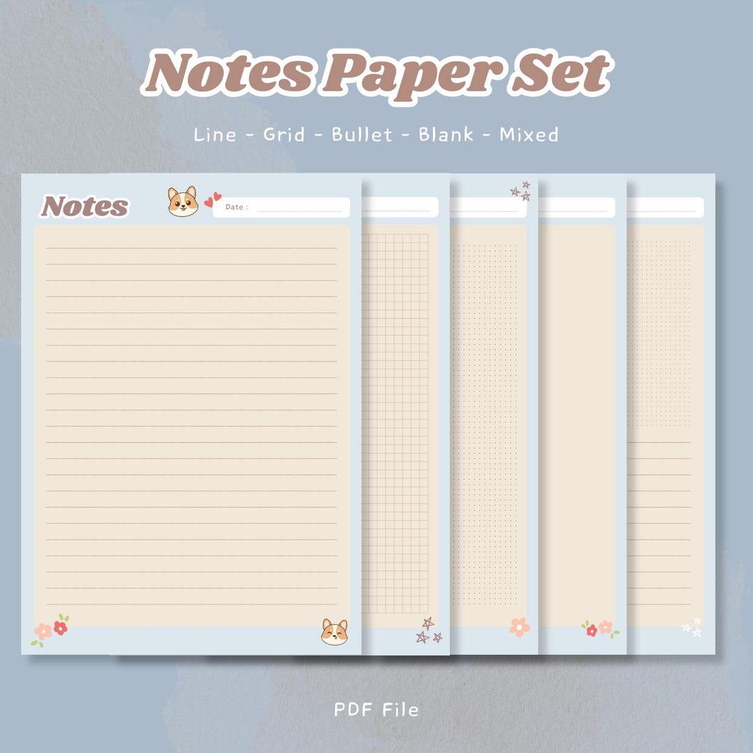 Editable Corgi Notes Cute Corgi Notes Paper Set PDF Digital Planner Pages Lined Grid Bullet ...