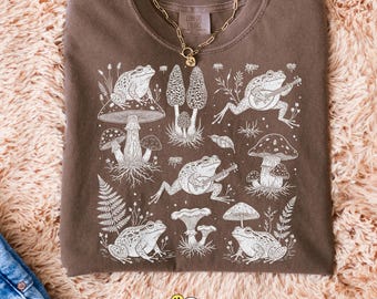 Cottagecore Mushroom and Frog PNG Botanical Whimsigoth Goblincore Line Art Design