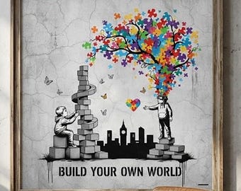 Silhouette Style Neurodiversity Print | Build Your Own World Art | Autism & ADHD Décor | Square Digital Download | Printable Wall Art
