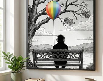 Neurodiverse Digital Art Print: B&W Bench, Rainbow Balloon - Calming, High-Contrast Square Download