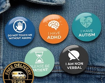 Neurodiversity & Badge Set of 5 x 2.25 Inch - Autism, ADHD, Non-Verbal Communication Pins - 58mm Awareness Buttons for Self Advocacy