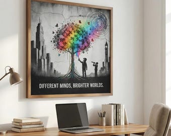 Neurodiverse Digital Art Print: "Different Minds, Brighter Worlds" - Rainbow Puzzle Tree, Autism, ADHD, Empowering Square Download