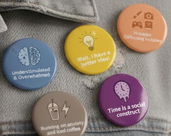 ADHD Pin Set, Neurospicy Gift, Autism Badge Pack, Funny Neurodivergent Pins, Sensory Overload Aid, Spoonie Gift, 5 Pack