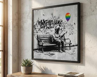 Rainbow Balloon Girl Sketch | Neurodiverse Friendly Art | Digital Download | Square Printable Wall Decor | Calm Black & White Print