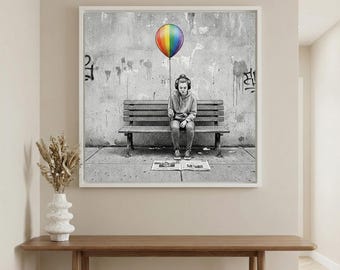 Rainbow Balloon Girl Sketch Printable Wall Art | Urban Street Style | Black & White Digital Download | Square Instant Print