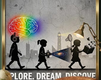 Neurodiversity Art Print, Rainbow Brain Silhouette Wall Art, Explore Dream Discover, Kid Room Decor, Instant Digital Download, Square Poster