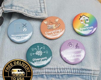 5-Pack Neurodiversity Pin Buttons - Autistic Pride & ADHD Awareness - 2.25" Badges