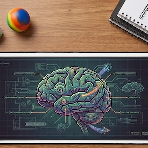 Może przedstawiać: Czarna prostokątna podkładka pod mysz ze szczegółową ilustracją mózgu, z wzorami przypominającymi obwody i etykietami takimi jak "Funkcja wykonawcza" i "Rozpoznawanie wzorców". Kostka antystresowa i tęczowa piłka leżą na drewnianej powierzchni.