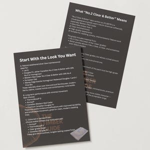 Op de afbeelding: Twee donkergrijze informatiekaarten met witte tekst. Eén kaart leest "What No.2 Clear & Better Means" en de andere "Start With the Look You Want". De kaarten geven details over houtsoorten en afwerkingen.