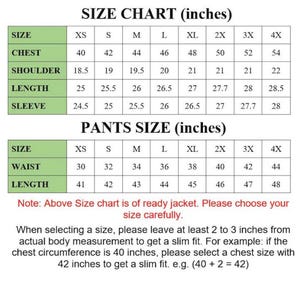 Puede incluir: Una tabla de tallas en pulgadas para chaquetas y pantalones. La tabla de tallas de la chaqueta incluye medidas de pecho, hombros, largo y manga. La tabla de tallas de los pantalones incluye medidas de cintura y largo. El texto aconseja elegir la talla con cuidado.