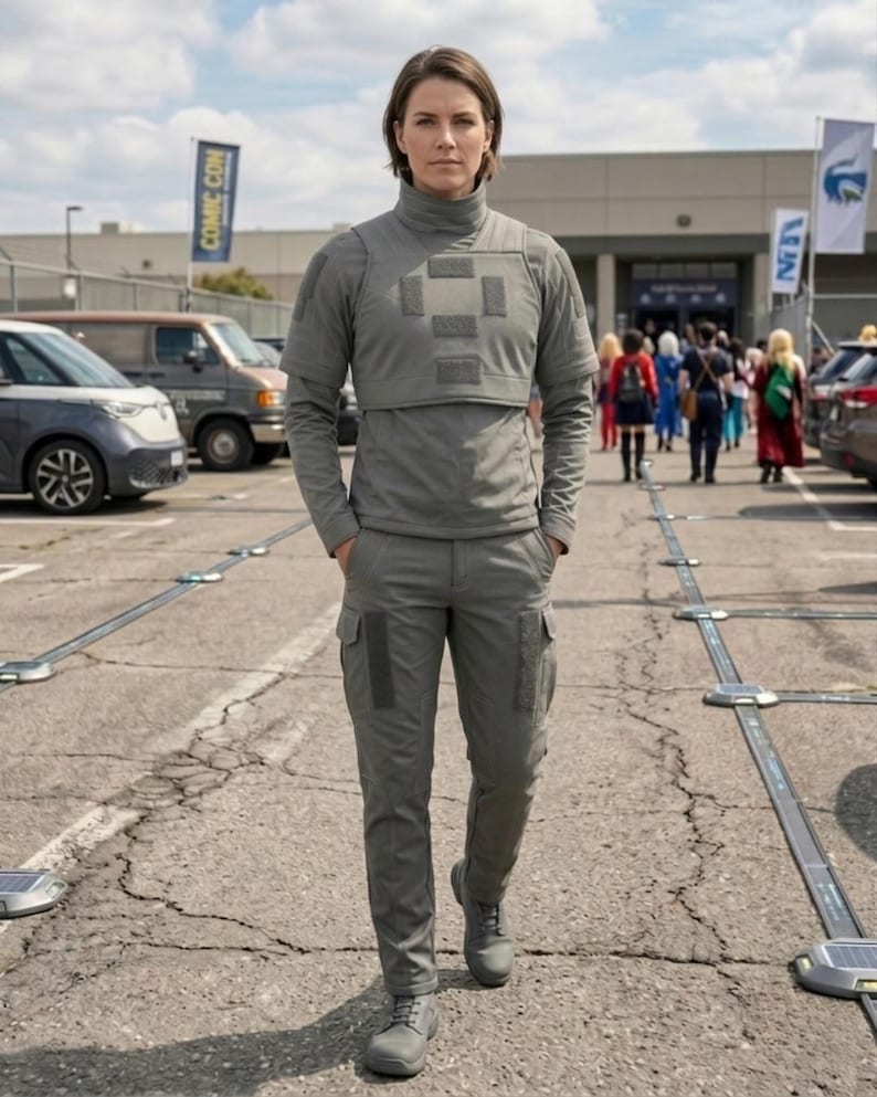 May include: A person wearing a gray tactical outfit, including a high-neck top with a chest panel and cargo pants. The outfit is a solid gray color, and the person is standing in a parking lot.