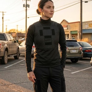 Pode incluir: Uma pessoa vestindo um traje t&aacute;tico preto, incluindo uma camisa de manga comprida, um colete com patches quadrados e cal&ccedil;as cargo. A roupa &eacute; toda preta. O fundo inclui carros estacionados e um edif&iacute;cio.