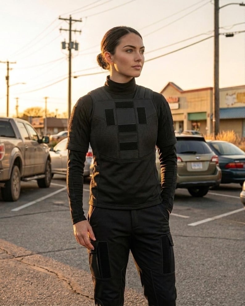 Pode incluir: Uma pessoa vestindo um traje t&aacute;tico preto, incluindo uma camisa de manga comprida, um colete com patches quadrados e cal&ccedil;as cargo. A roupa &eacute; toda preta. O fundo inclui carros estacionados e um edif&iacute;cio.