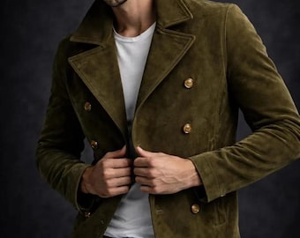 Olive Suede Peacoat Men – Handmade Double-Breasted Classic Jacket