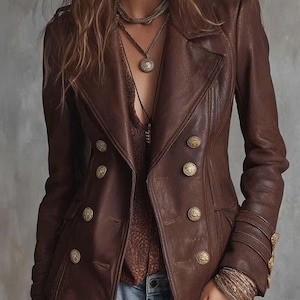 Puede incluir: Chaqueta de cuero marrón con botones dorados y diseño cruzado. La chaqueta presenta un cuello con solapas, charreteras y puños decorativos. La modelo lleva collares y pulseras superpuestas. La chaqueta se combina con una blusa estampada y vaqueros azules.