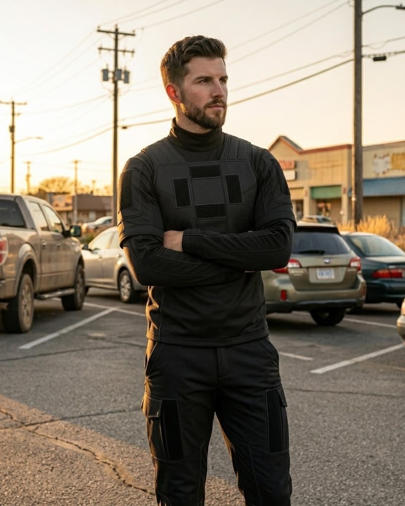 K&ouml;nnte beinhalten: Eine Person tr&auml;gt ein schwarzes Langarmshirt mit hohem Kragen und eine schwarze Cargohose. Das Shirt hat quadratische Patches auf Brust und Schultern. Die Person steht auf einem Parkplatz mit Autos im Hintergrund.