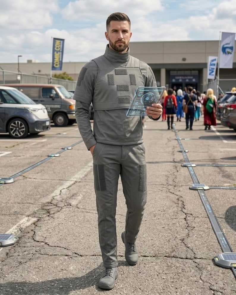 Puede incluir: Una persona con un atuendo t&aacute;ctico gris, que incluye una parte superior de cuello alto, pantalones y zapatos. La persona sostiene una tableta transparente con una interfaz futurista. El fondo muestra un estacionamiento con autos y personas, y una pancarta de Comic Con.