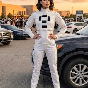 May include: A person wearing a white jumpsuit with a high collar and black square accents. The outfit includes a long-sleeved top and matching pants with pockets. White boots complete the look. The person is standing in front of a black car.