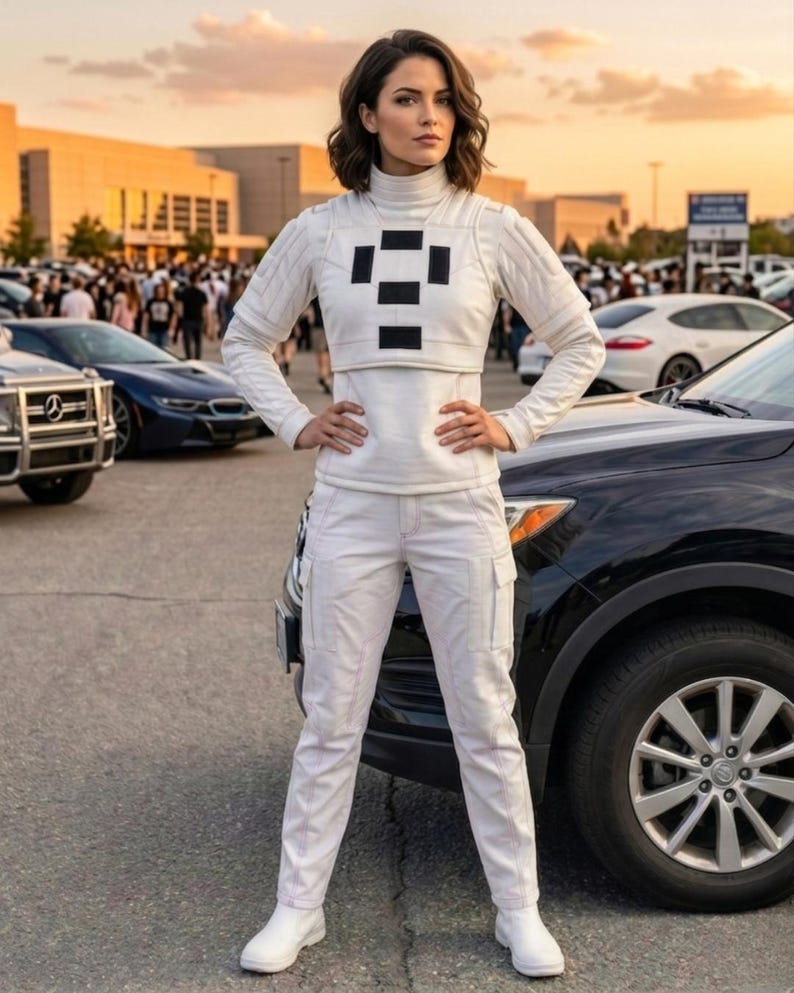 May include: A person wearing a white jumpsuit with a high collar and black square accents. The outfit includes a long-sleeved top and matching pants with pockets. White boots complete the look. The person is standing in front of a black car.