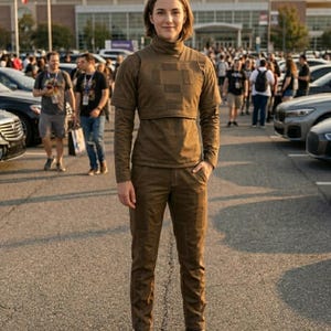 Op de afbeelding: Een persoon draagt een bruine outfit bestaande uit een coltrui, een korte jas en een broek. De outfit heeft een effen kleur met een textuur. De persoon staat op een parkeerplaats met een menigte mensen op de achtergrond.