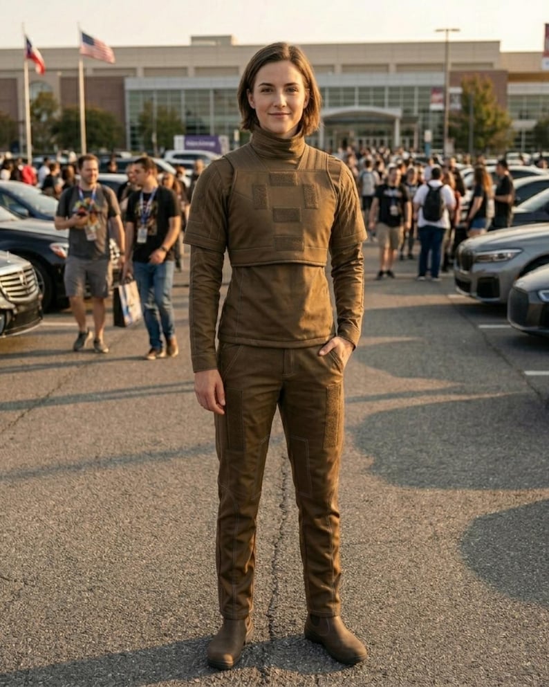 Op de afbeelding: Een persoon draagt een bruine outfit bestaande uit een coltrui, een korte jas en een broek. De outfit heeft een effen kleur met een textuur. De persoon staat op een parkeerplaats met een menigte mensen op de achtergrond.