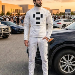 May include: A white jumpsuit with black geometric detailing. The outfit features a high-neck top, long sleeves, and matching trousers. The person is wearing white boots, standing near a black car in an outdoor setting.