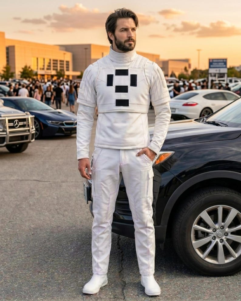 May include: A white jumpsuit with black geometric detailing. The outfit features a high-neck top, long sleeves, and matching trousers. The person is wearing white boots, standing near a black car in an outdoor setting.