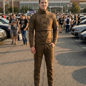 May include: A person wearing a brown outfit consisting of a turtleneck top, a cropped vest, long-sleeved shirt, and matching pants. The outfit is a solid brown color and the person is standing in a parking lot with a crowd of people in the background.