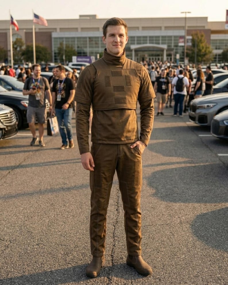 May include: A person wearing a brown outfit consisting of a turtleneck top, a cropped vest, long-sleeved shirt, and matching pants. The outfit is a solid brown color and the person is standing in a parking lot with a crowd of people in the background.