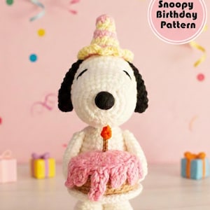 Snoopy amigurumi-haakpatroon, verjaardagstaart, feestmuts (pdf-patroon)