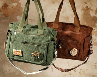 Sac à bandoulière rétro en velours côtelé, fourre-tout de voyage grande capacité