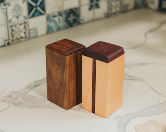 Handmade Square Salt and Pepper Shakers - Maple & Black Walnut with Purpleheart, Mineral Oil Finish