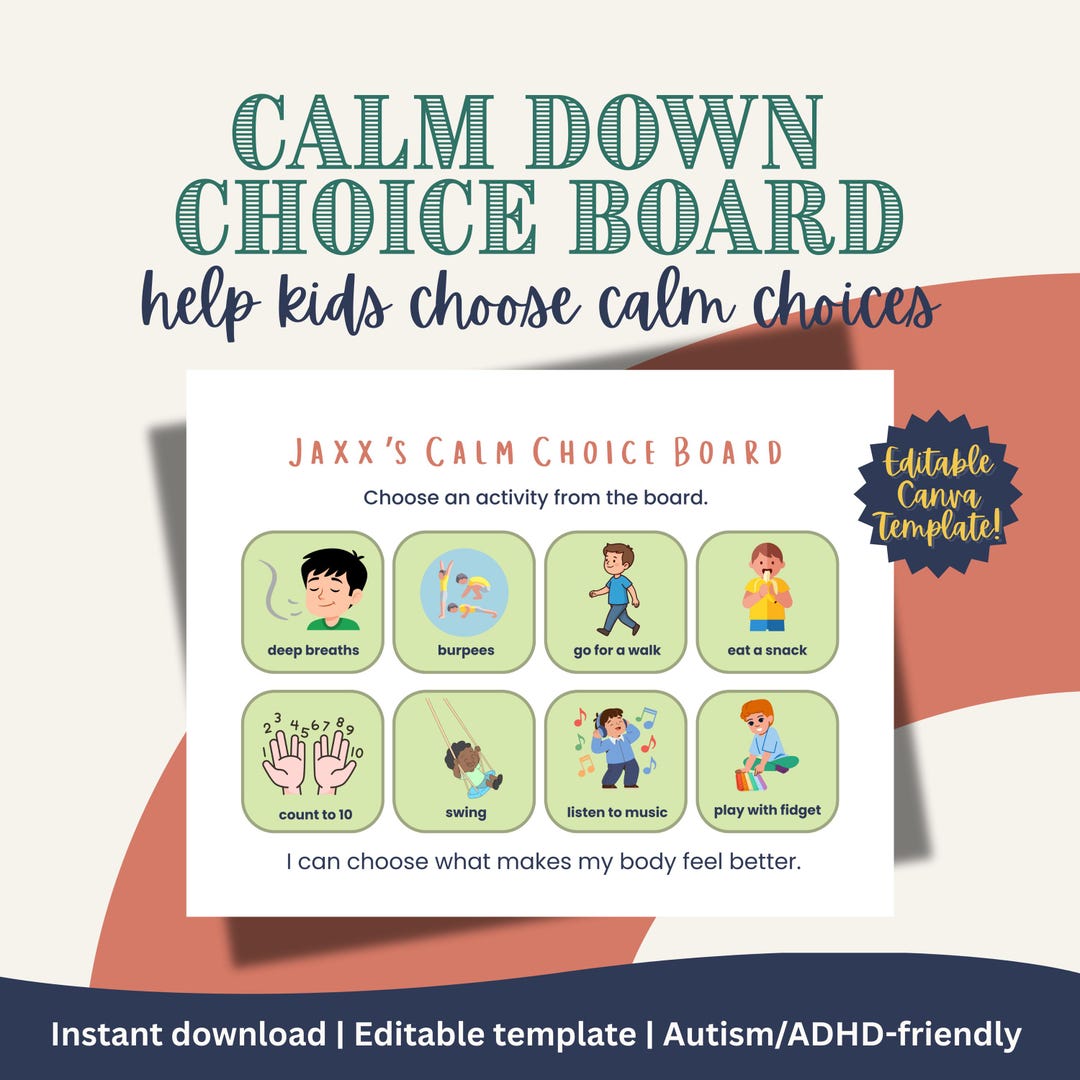 Calm Down Choice Board for Kids | Autism & ADHD Emotional Regulation ...
