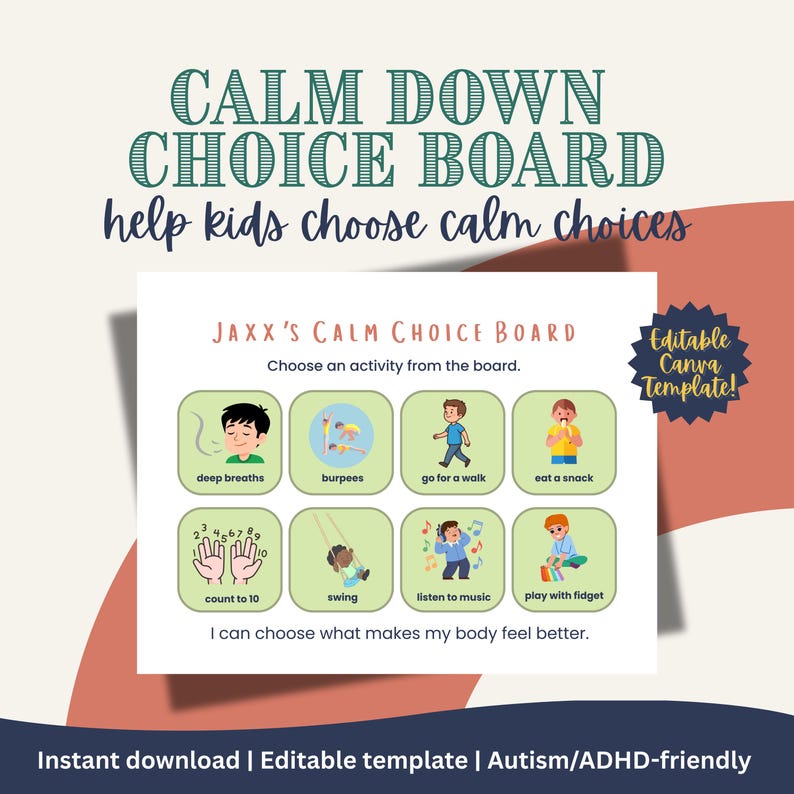 Calm Down Choice Board for Kids | Autism & ADHD Emotional Regulation ...