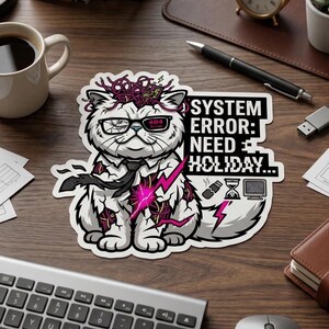 May include: A white cat sticker with glasses, a black tie, and a pink lightning bolt design. The sticker has the text "SYSTEM ERROR: NEED HOLIDAY..." and is on a wooden surface.