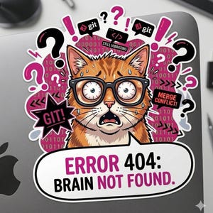 Error 404 Brain Not Found Cat Sticker Kiss-Cut Stickers | Programmer Coding Humor