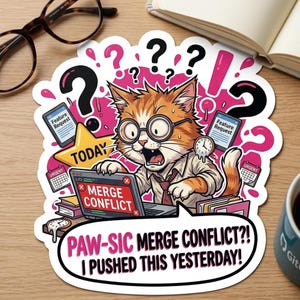 May include: A sticker featuring a cartoon cat with glasses, looking stressed while working on a laptop. The laptop screen displays "MERGE CONFLICT". The sticker includes the text "PAW-SIC MERGE CONFLICT?! I PUSHED THIS YESTERDAY!" and question marks.