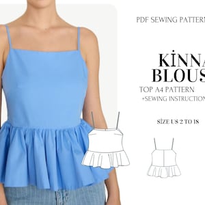 Patrón de costura para blusa de lino con peplum escalonado / Blusa con hombros anudados (PDF)