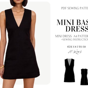 May include: A black mini dress with a V-neck, sleeveless design. The image includes a PDF sewing pattern with the text "MINI BASIC DRESS" and size details. The dress is shown on a model and as a line drawing.
