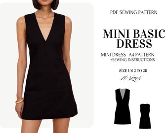 May include: A sleeveless black mini dress with a V-neck. The image also includes a PDF sewing pattern with the text "MINI BASIC DRESS" and size information. The dress is shown on a model and as a line drawing.