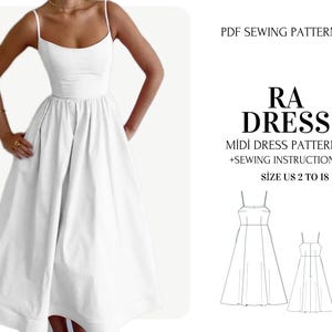 Modello di cucito per abito midi con spalline sottili / corpetto aderente (modello PDF)