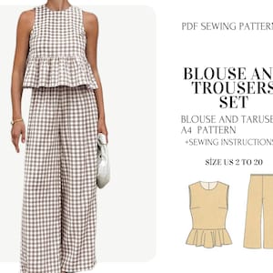 Könnte beinhalten: Ein zweiteiliges Outfit mit einer ärmellosen Bluse und einer Hose mit weitem Bein in einem braun-weißen Vichy-Muster. Die Bluse hat eine Schößchen-Detail. Das Bild enthält ein PDF-Schnittmuster mit dem Text "BLOUSE AND TROUSERS SET".