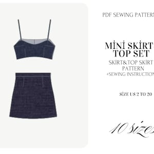 Puede incluir: Un patrón de costura en PDF para un conjunto de minifalda y top de mezclilla. El top es un top corto con tirantes finos. La falda es una minifalda. El texto de la imagen dice "Mini Skirt & Top Set" y "Talla US 2 a 20".