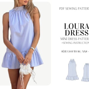 Patrón de costura para minivestido con cuello halter y bajo con volantes (PDF digital)